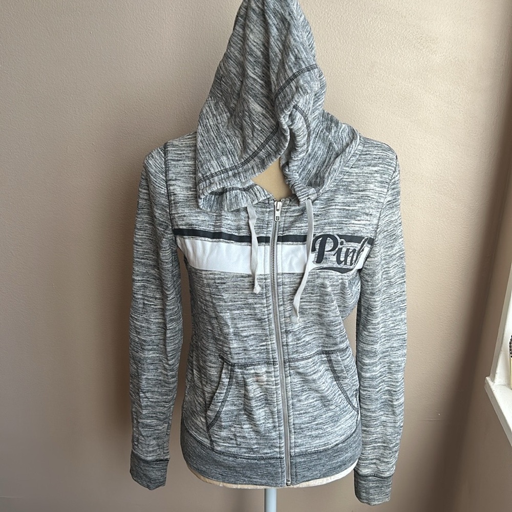 Victoria’s Secret Pink Logo Hoodie Sweatshirt Front Zip Gray Sz XS ST1925 - Picture 3 of 4